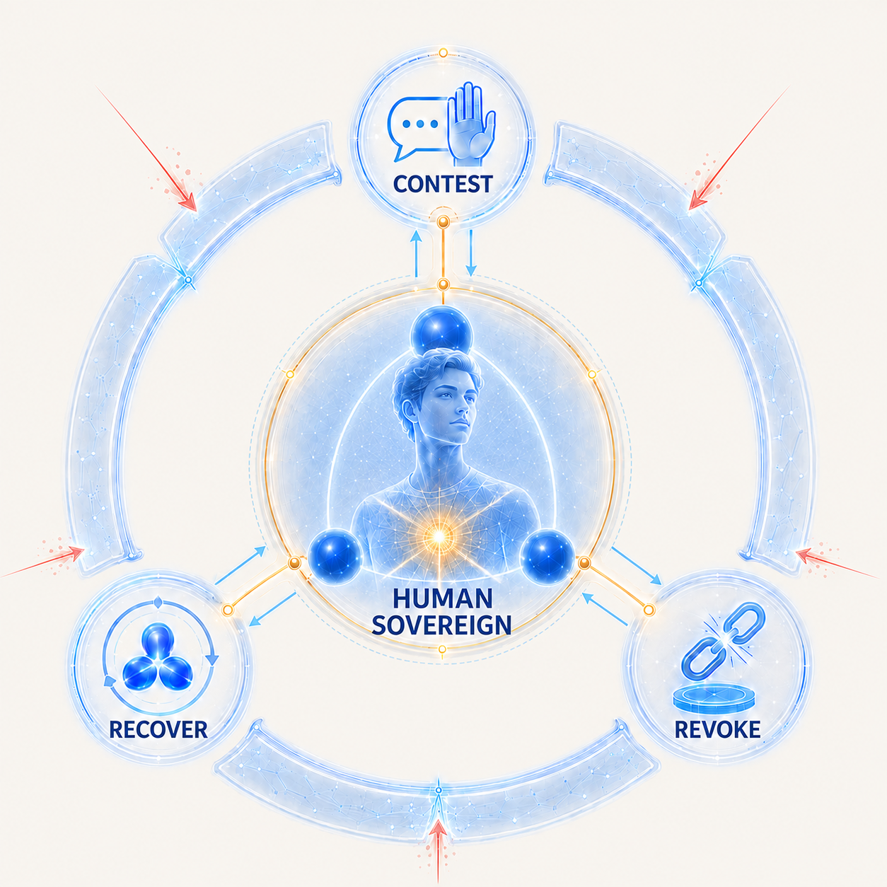 A human sovereign protected by the powers to contest, revoke, and recover while multiple capture attempts are blocked