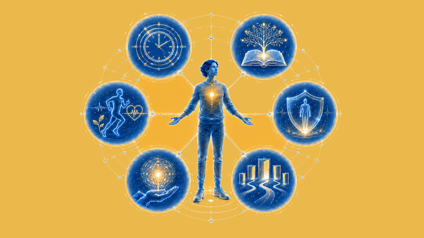 A sovereign individual surrounded by the conditions for human potential: time, knowledge, health, security, creativity, and choice